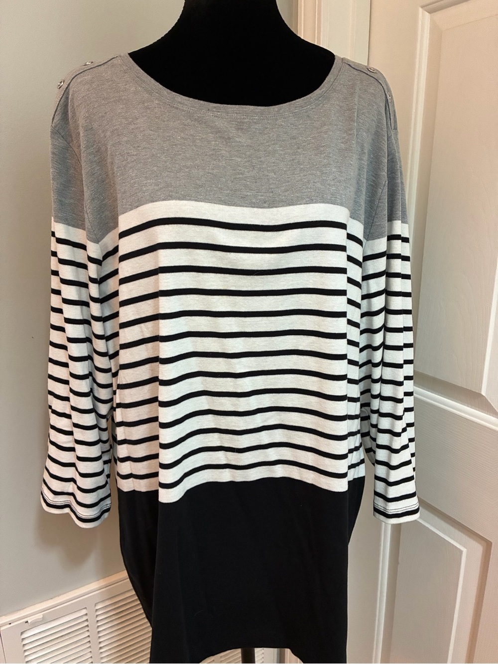 Karen Scott Gray White Black Striped Long Sleeve Top